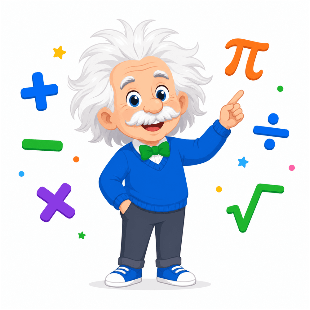 Friendly cartoon of Albert Einstein playing with math symbols